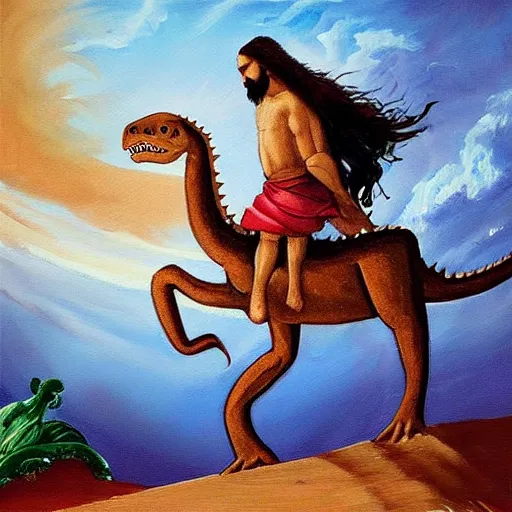 Image similar to “painting of Jesus riding a dinosaur”