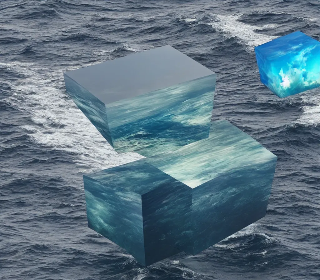 Prompt: a cube in the middle of the ocean with images of a tumultuous sea on its sides. In the style of Johan Karlsson