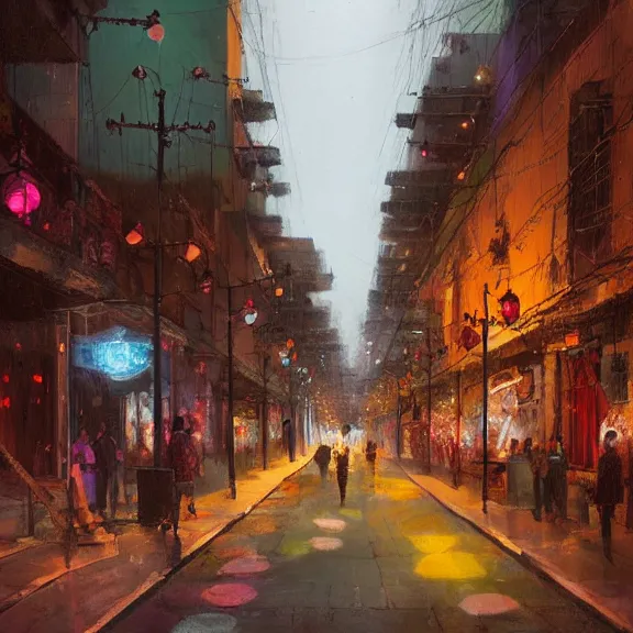 Image similar to Downtown Mexico, string lights, colorful lighting, night, realism, by Tooth Wu, by Lienzo Óleo Paisaje, by Greg Rutkowski