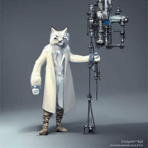 Image similar to white anthropomorphic lynx in victorian white man suit and white fur coat, lynx face, full body with cat paws by craig mullins and noriyoshi ohrai, unreal engine character, furry art, steampunk fantasy style, 4 k, trending on artstation