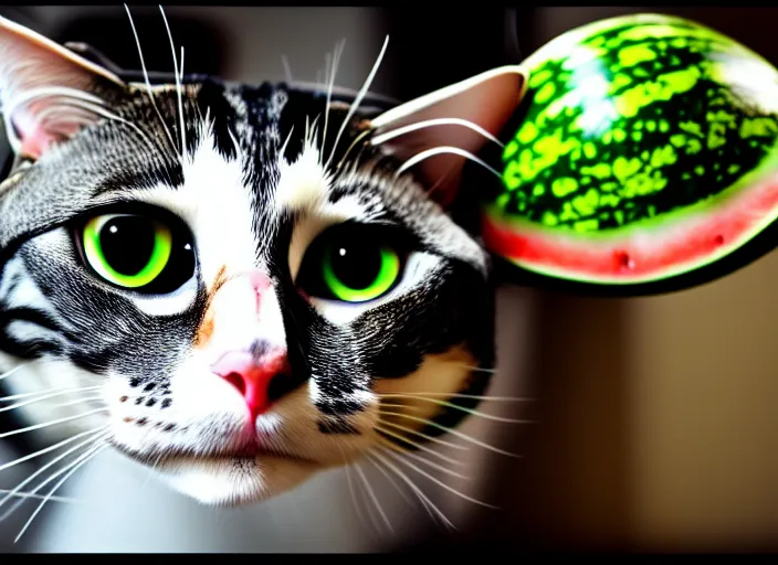 Image similar to photo of a cat wearing a helmet made of a watermelon. fantasy horror style. highly detailed 8 k. intricate. lifelike. soft light. nikon d 8 5 0 5 5 mm. dof. cinematic post - processing.