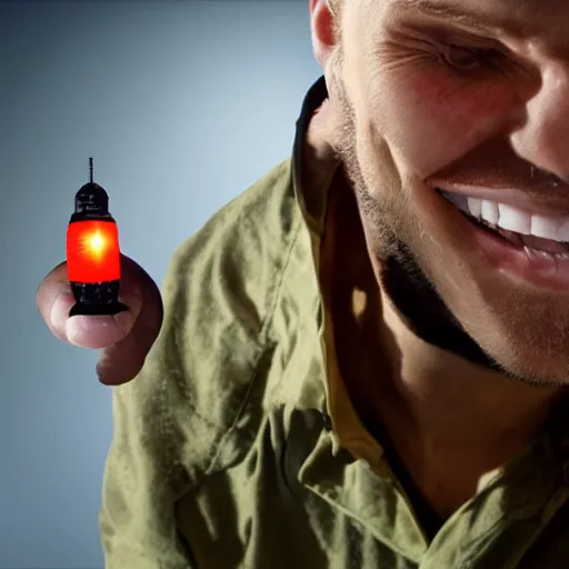 Image similar to a dead body, a man standing next to it smiling and holding a mini nuclear bomb, hyper realistic, very detailed.