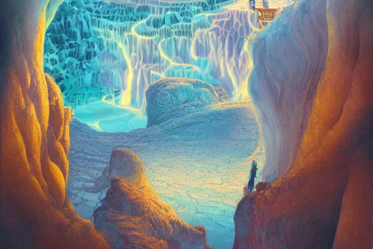 Image similar to neuschwanstein castle on pamukkale thermal waters flowing down gold travertine terraces in royal blue antelope canyon during sakura season on an interstellar aurora borealis with heavy thunder and lightning, pink waterfalls, by peter mohrbacher, james jean, james gilleard, greg rutkowski, vincent di fate, rule of thirds, beautiful landscape