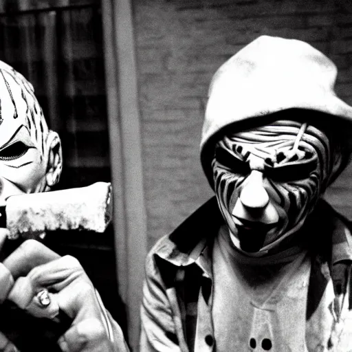 Prompt: photo of freddie krueger and michael myers smoking weed in the bronx circa 1 9 7 8