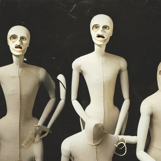 Image similar to a manikin party, wax manikin heads, smiling, photograph, style of atget, nightmare, concept art, creepy