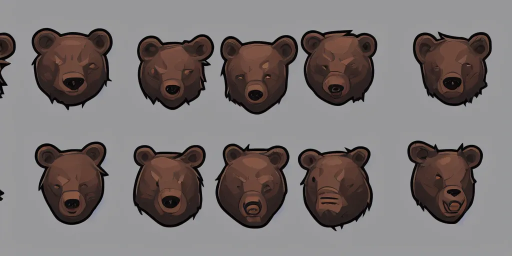 Prompt: game asset of unique bear heads on black background, organic, nickelodeon animation studio color palette, nickelodeon animation studio black inking, toon shading, 5 colors, solid colors, flat 2 d design, 2 d sprites, 8 k, close up