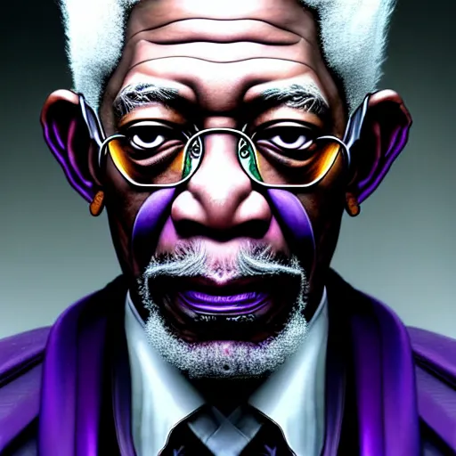 Image similar to portrait painting of a cyberpunk elven morgan freeman wearing a white and purple suit, ultra realistic, concept art, intricate details, eerie, highly detailed, photorealistic, octane render, 8 k, unreal engine. art by artgerm and greg rutkowski and charlie bowater and magali villeneuve and alphonse mucha