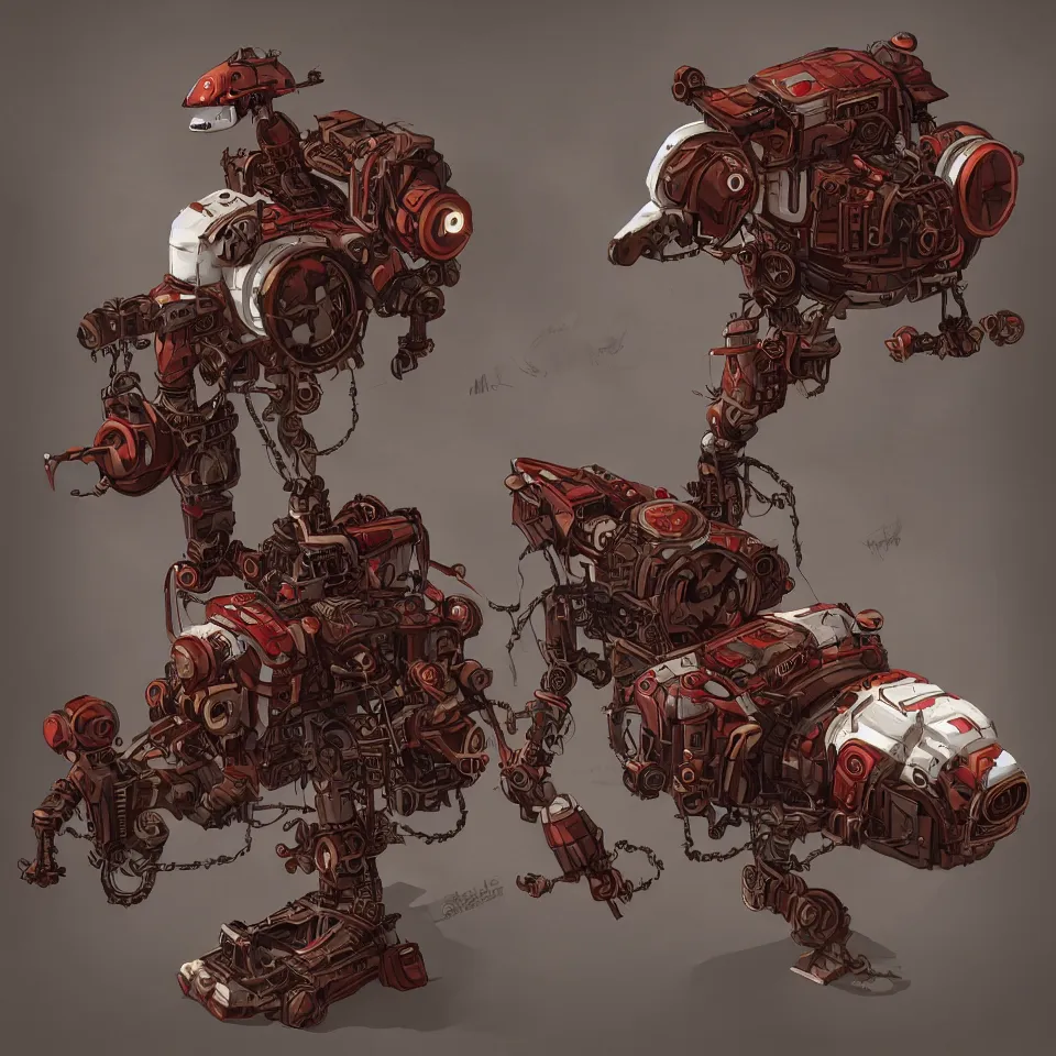 Prompt: a detailed concept art of steampunk robot bird, gradient dark red, cream and white color scheme, dynamic lighting, cinematic, epic composition, masterpiece