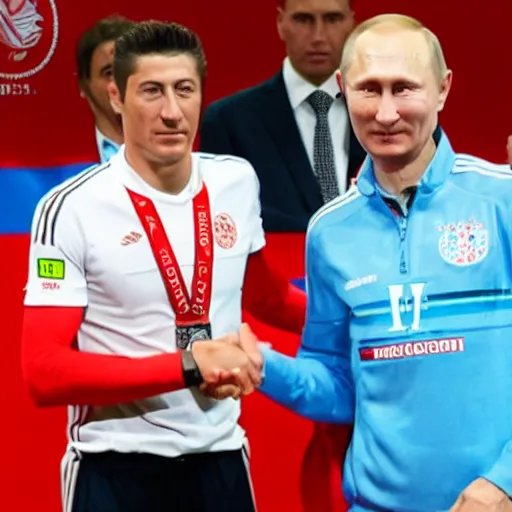 Prompt: robert lewandowski shaking hands with vladimir putin