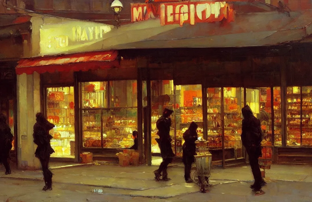 Image similar to a take away food shop front, detailed painting, epic lighting, by ilya repin, phil hale and kent williams