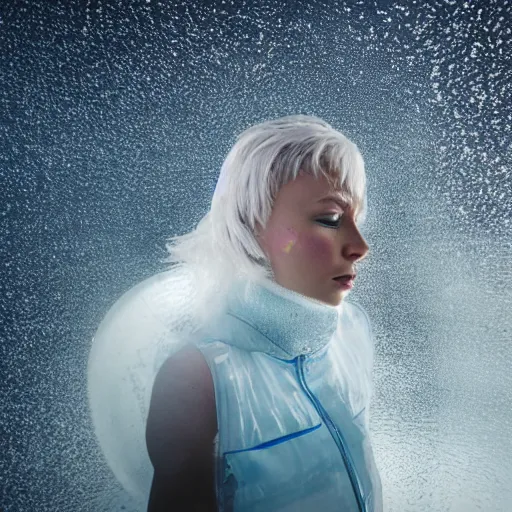 Image similar to futuristic female soldier eyes closed partly submerged in highly viscous clear fluid, frost particles, ice needles, cold blue light, complex hyperdetailed technical suit. white hair flowing. reflection. rays and dispersion of light. volumetric light. 5 0 mm, f / 3 2. noise film photo. ultra realistic, wide angle.