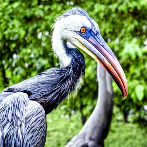 Image similar to shoebill stork and velociraptor hybrid animal, sharp beak, real photo, taken in zoo,