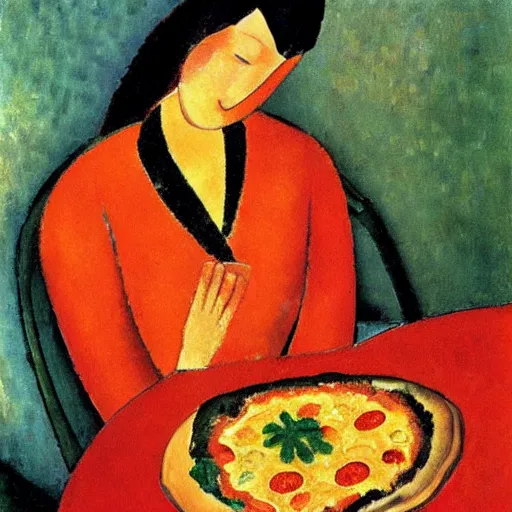 Prompt: Modigliani painting of a pizza magaritha on a garden table