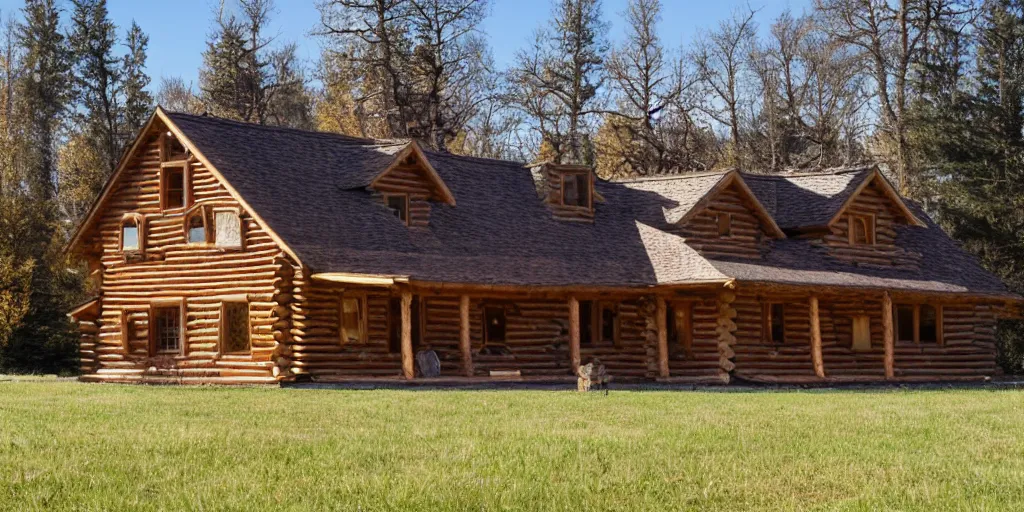 Prompt: log house on sunny meadow