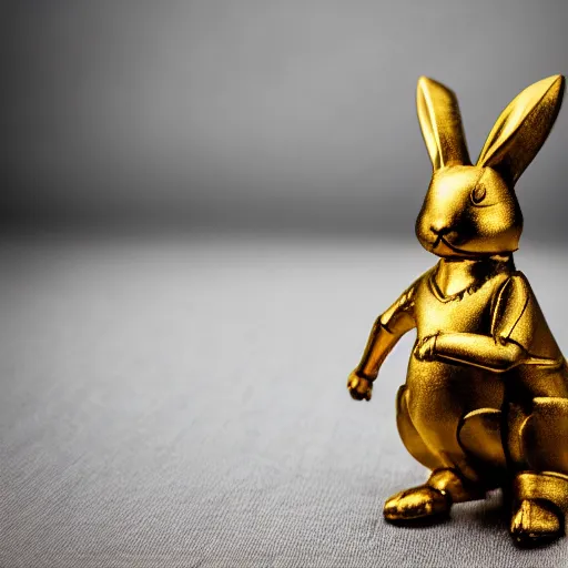 Image similar to a bunny in golden armor, zeiss lens, 5 0 mm, dynamic pose, action pose
