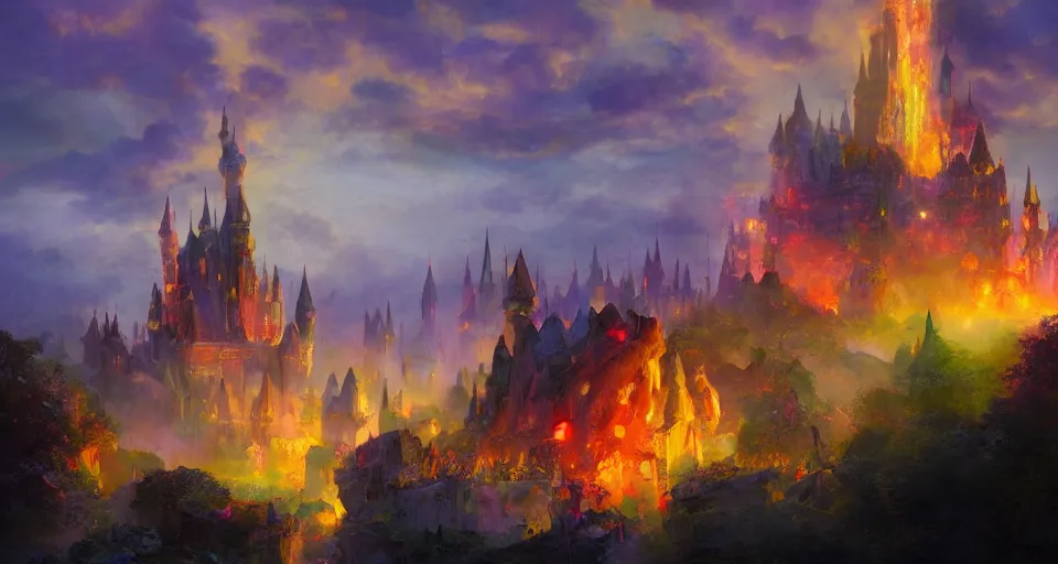 Prompt: happy disney castle rising up from the mist in the morning silhouetted by a single huge blood, anders zorn, thomas kincade, trending on artstation, lava, dungeons and dragons, saturated colors, fun, happy, colorful