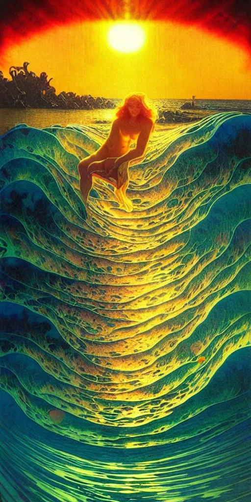 Image similar to ocean wave around psychedelic mushroom, dmt water, lsd ripples, backlit, sunset, refracted lighting, art by collier, albert aublet, krenz cushart, artem demura, alphonse mucha