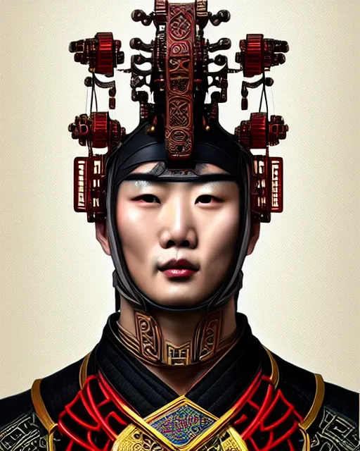 Image similar to portrait of a chinese masculine male cyberpunk machine, machine face, upper half portrait, decorated with chinese opera motifs, muscular, asian, fine china, wuxia, traditional chinese art intricate intense elegant 京 剧 highly detailed symmetry headpiece digital painting artstation concept art smooth sharp focus illustration, art by artgerm and greg rutkowski alphonse mucha 8 k