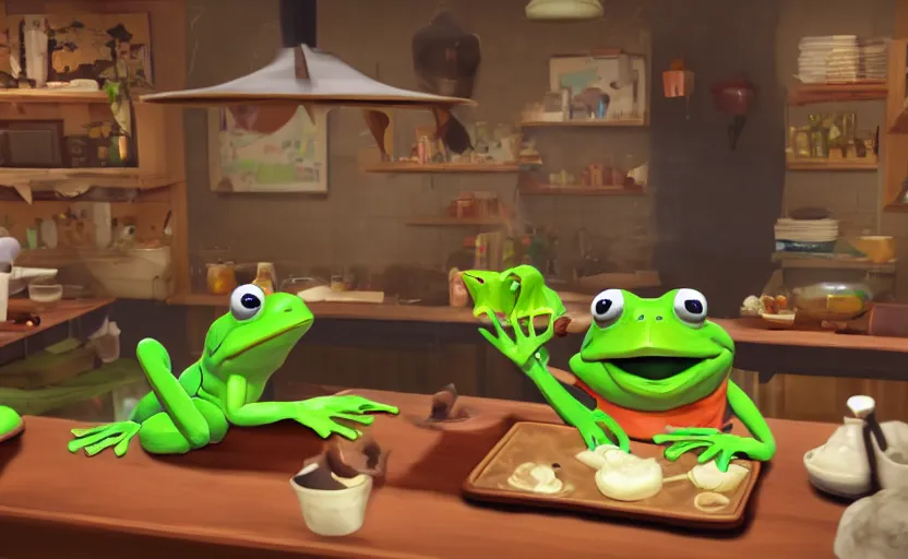 Prompt: ps 5 game about a cute frog chef making soup in oregon, unity screenshot,