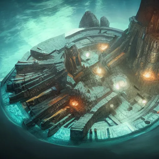 Prompt: underwater atlantis, old school dungeons and dragons art, concept art, cgsociety, octane render, trending on artstation, artstationHD, cinematic lighting, highly detailed, digital painting, artstation, concept art, smooth, sharp focus, unreal engine,symmetric, elegant, 4k, 8k