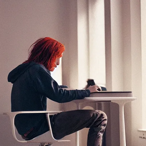 Image similar to a teenage boy red-haired long-haired, sitting at a desk with a computer, in a white room, Greg Rutkowski, 8k, sharp focus, thrid person POV