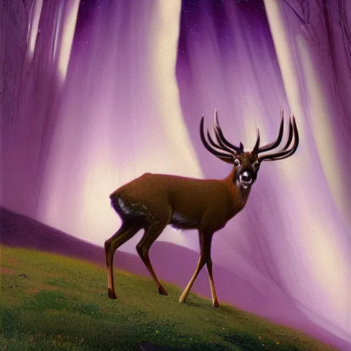 Image similar to a beautiful matte painting of screaming deer and fairy in colorful purple silk by Dean Ellis, award winning, atmospheric, epic and stunning, intricate details, sense of awe, anthropomorphic, featured on artstation