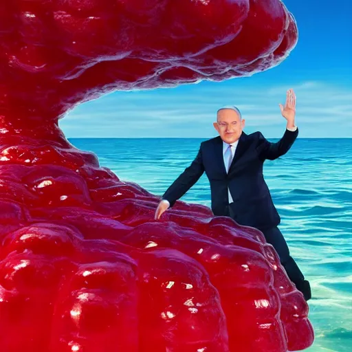 Image similar to a giant benjamin netanyahu sculpture made out of juicy red jelly, in the sea, long shot, hyper detailed, hyper realistic, ray tracing, 8 k resolution, sharp focus, realistic water, award winning