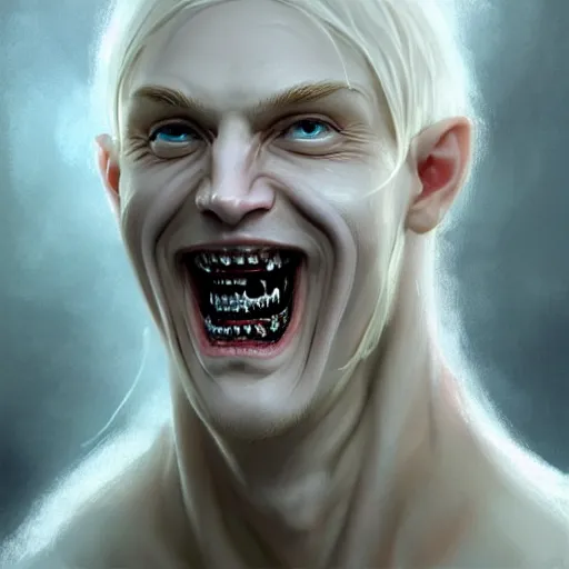 Image similar to Pale-skinned man with a pinched face, crazed eyes, and a strained toothy grin smile. He has short blond unwashed hair. He wears a stained white cultist robe. Epic fantasy art, award winning on Artstation, intricate, elegant, highly detailed, digital painting, concept art, smooth, sharp focus, illustration, art by artgerm and greg rutkowski and alphonse mucha