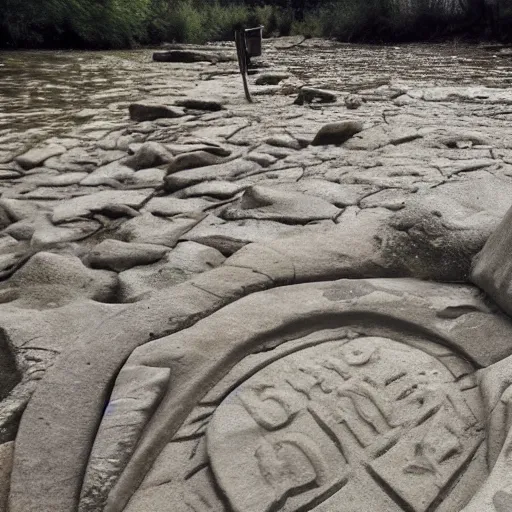 Image similar to detailed footage of european writing in stone in a river, photographic journalism, hunger stones, realistic, european river, carvings of drought and famine