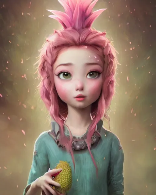 Prompt: An epic fantasy comic book style portrait painting of an extremely cute and adorable very beautiful pineapple mint girl, character design by Mark Ryden and Pixar and Hayao Miyazaki, unreal 5, DAZ, hyperrealistic, octane render, cosplay, RPG portrait, dynamic lighting, intricate detail, winter vibrancy, cinematic