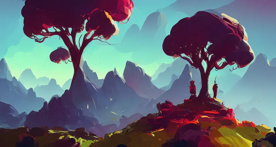 Prompt: a beautiful landscape with trees and mountains, by anton fadeev