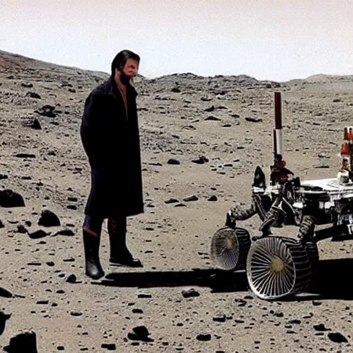 Image similar to zod from superman 2 inspecting the nasa robot curiosity on planet mars