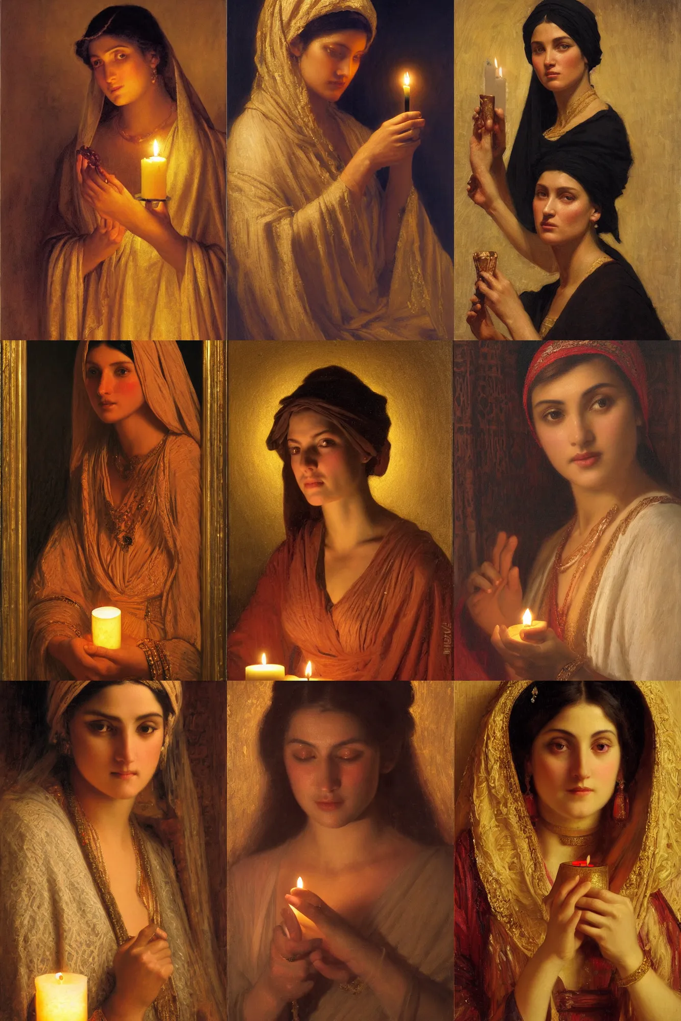 Prompt: orientalism face detail of a beautiful woman holding a candle in the dark by edwin longsden long and theodore ralli and nasreddine dinet and adam styka, masterful intricate art. oil on canvas, excellent lighting, high detail 8 k