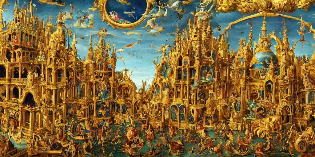 Image similar to beautiful!!!!! ornate heavenly!!!!!!!! gold rococo megastructure in the style of heironymus bosch, colorful intricate masterpiece, hyper detailed, hd