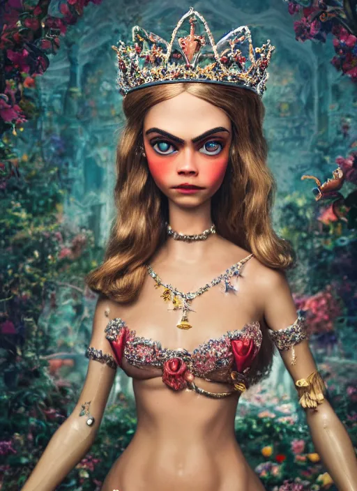 Image similar to closeup face profile portrait of a tin toy cara delevingne as a fairytale princess wearing a crown, bikini, depth of field, zeiss lens, detailed, symmetrical, centered, fashion photoshoot, by nicoletta ceccoli, mark ryden, lostfish, breathtaking, 8 k resolution, extremely detailed, beautiful, establishing shot, artistic, hyperrealistic, octane render
