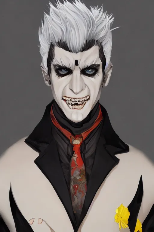 Image similar to A beautiful full body painting of a smug male vampire by kuvshinov Ilya, handsome face, dark coat, white hair, yellow eyes, , trending on artstation, pixiv, 4k, HDR, unreal engine