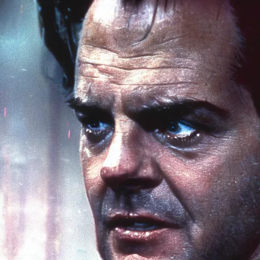 Image similar to !dream 32 year old Jack Nicholson on blade runner 1982, movie still, face close-up, in color, detailed face, 4k,