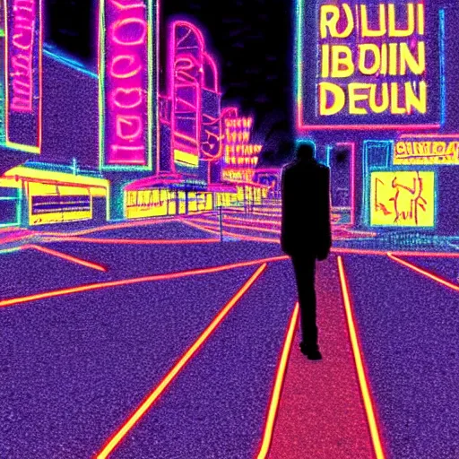 Prompt: walking alone in the boulevard of broken dreams, with neon lights, hyper detail, in the style of moebius, rule of thirds