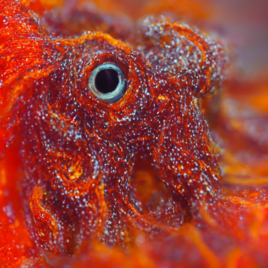 Image similar to fiery whimsical emotional eyes cephalopod, in a photorealistic macro photograph with shallow dof