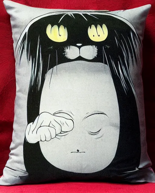 Image similar to huge black cat sitting on pillow, art by junji ito