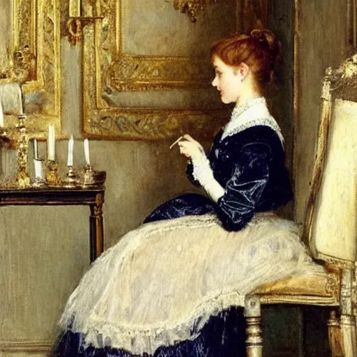 Image similar to victorian girl in ball gown writing a letter, painting by alfred stevens