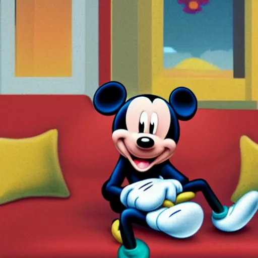 Prompt: mickey mouse holding a glass bong for smoking cannabis and sitting on a couch in a messed up apartment, amazing digital art, highly detailed