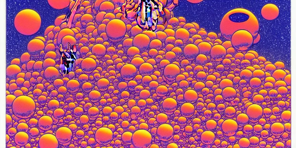 Image similar to risograph rendition of extremely - detailed white huge evangelion - like mech with a lot of orange tiny balls on it, children faces, ominous, intricate complexity, dramatic, epic composition, atmospheric, painting by moebius