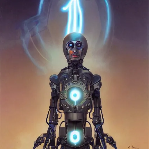 Image similar to an amish cyborg with one robotic eye, electrical charges sparkling within his hair, highly detailed by peter mohrbacher, hajime sorayama, wayne barlowe, boris vallejo, aaron horkey, gaston bussiere, craig mullins