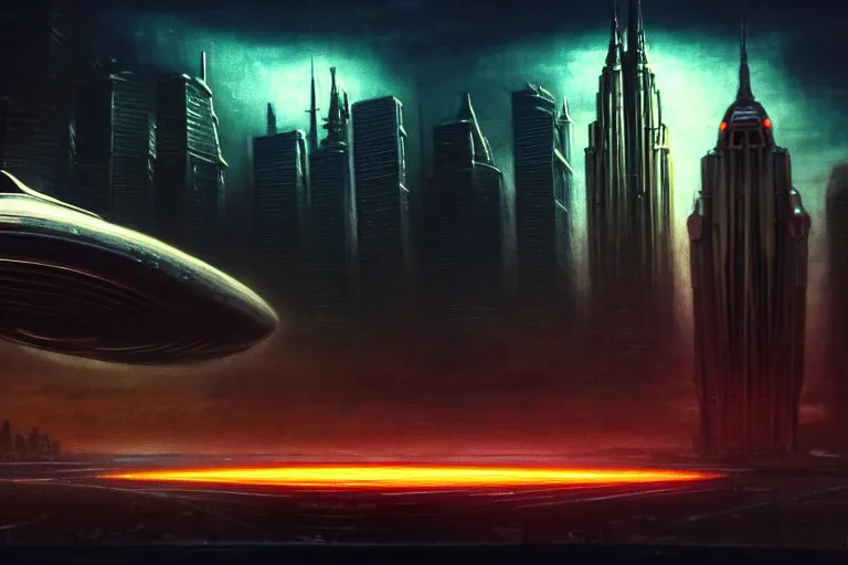 Image similar to low angle of a large shiny extraterrestrial spaceship landing in a futuristic new york city, in the style of frank frazetta and h. r. giger, ultra realistic, atmosphere, glow, detailed, intricate, colorful, cinematic lighting, trending on artstation, 4 k, hyper - realistic, immersed, extreme details, cinematic, masterpiece