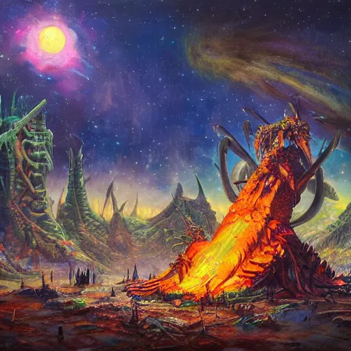 Prompt: extraterrestrial funeral pyre on ancient post - apocalyptic planet, jim henson creature shop, vivid and colorful, thomas kincaid, cinematic, oil painting, highly detailed, illustration