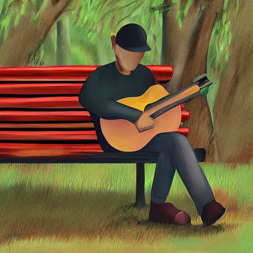 Image similar to a man sitting on a bench in the park writing in his notebook, a guitar is next to him on his bench, digital art