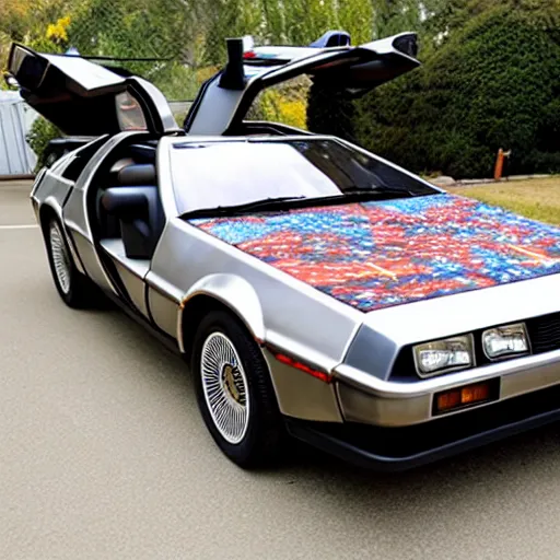 Prompt: delorean covered with painted with pokemons