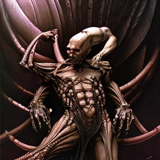 Image similar to still frame from Prometheus movie, WH40k chaos Slaanesh succubus editorial by wayne barlowe by caravaggio painted by Dariusz Zawadzki by giger by beksinski