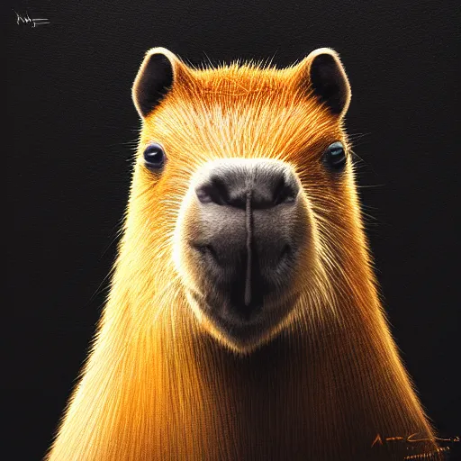 Prompt: a portrait of a capybara wearing, anatomically correct, beautiful perfect face, oil painting, matte, black background, volumetric dynamic lighting, highly detailed, cinematic lighting, unreal engine, 8 k, hd